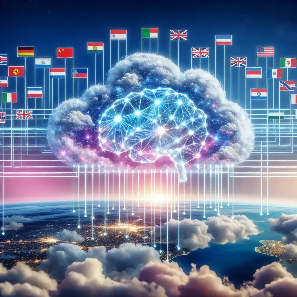 "Illustration of sovereign AI cloud architecture with national flags representing data compliance and security, highlighting how sovereign AI clouds align with government regulations."