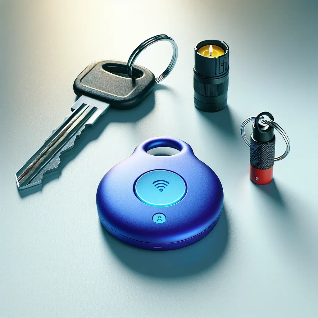 "Bluetooth tracker device with personal safety features, showcased on a table with a smartphone in a well-lit environment, highlighting its emergency alert functionality and user-friendly design for enhanced security."
