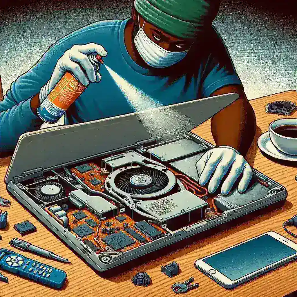 "Close-up of a technician carefully cleaning a laptop fan with a small brush and compressed air, demonstrating safe laptop maintenance techniques to avoid warranty voiding."